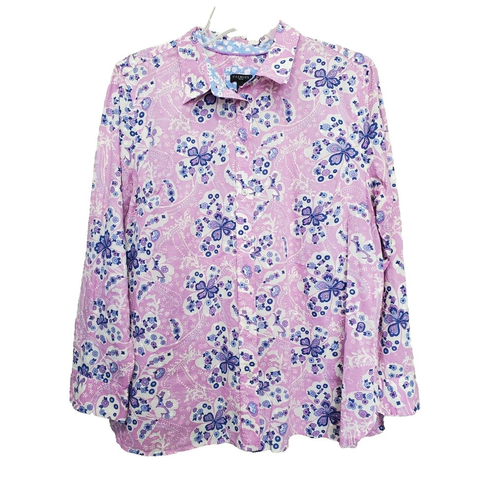 Talbots Petite Cotton Magic Floral Pink Textured Long Sleeve Button-Up Top XLP